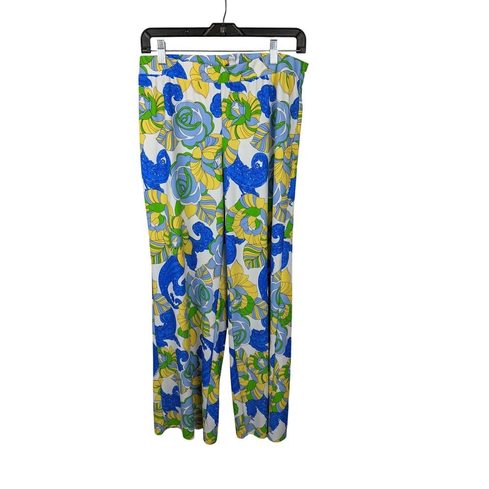 Jude Connally Womens Medium Floral Paisley Wide Leg Pants Blue Yellow Green USA